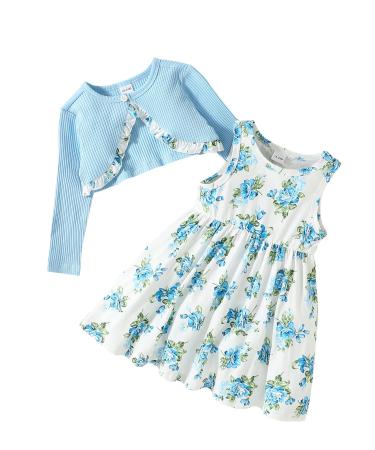puseky Toddler Girl Dress and Cardigan 2 Piece Girl Floral Print Sleeveless Dress and Ribbed Cardigan Coat Set 4-5 Years Blue