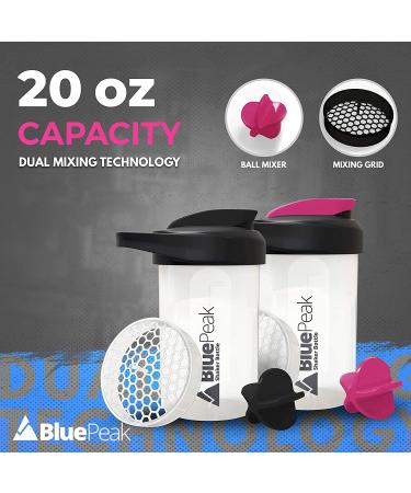 BluePeak 20 oz Protein Shaker Bottle with Dual Mixing Technology, Loop Top, BPA Free - 2 Pack (Black & Pink) - Buy Online on GoSupps.com