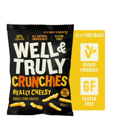 WELL&TRULY: Really Cheesy Baked Corn Snacks - Gluten Free - Vegetarian - No Added Sugar - Less Fat - Healthy Snack - (Box of 14 Bags 100g Each)
