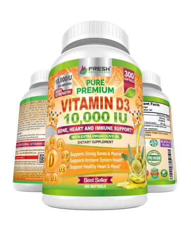 Premium Vitamin D3 10000 IU (250mcg) Infused with Extra Virgin Olive Oil - Immune Support - 300 Softgels - Supports Heart Joints Bone Muscle and Mood Health - Non GMO Vitamin D Supplement