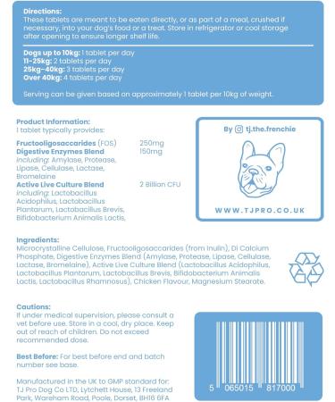 TJ Pro Digestive Probiotics for Dogs | Sensitive Stomachs, Skin Issues, Wind Relief | Prebiotic, Probiotic & Enzymes for Gut Health | Made in UK - Buy Online on GoSupps.com