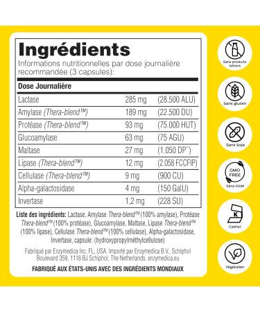 Enzymedica Lacto Enzymatic Formula For Lactose And Casein Intolerance Indicated For Cross-Contamination Gluten Free Dairy Free Vegan 90 Capsules - Buy Online on GoSupps.com