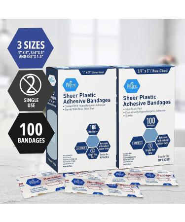 Medpride Sheer Plastic Strip Bandages - Sterile First Aid Strips for Sensitive Skin - Latex Free, Hypoallergenic Adhesive - 100 Pieces (3/8 x 1.5) - Buy Online on GoSupps.com