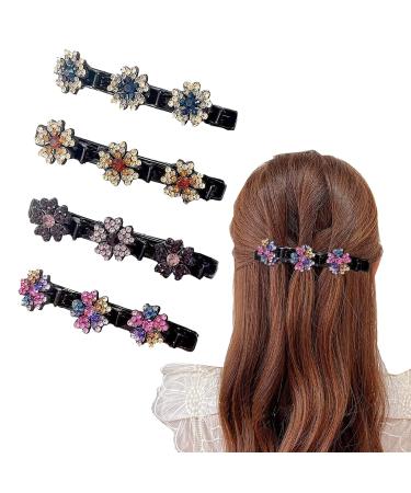 Sparkling Crystal Stone Braided Hair Clips for Women,Rsvelte Braided Hair Clip with 3 Small Clips, Multi Clip Hair Barrette, Triple Hair Clips with Rhinestones for Sectioning (Plum Blossom-4 PCS)