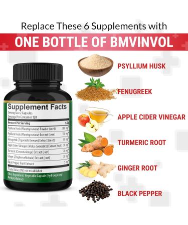 BMVINVOL 6in1 Psyllium Husk Fenugreek Apple Cider Vinegar Turmeric Ginger Black Pepper - Soluble Fiber for Supports Digestive Health & Regularity- 240 Capsules 4-Month Supply  - Buy Online on GoSupps.com