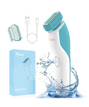 Electric Razors for Women- PHORRA Cordless Womens Electric Razor for Legs and Underarms- IPX7 Waterproof Womens Electric Shaver with Aloe Strips for Painless Shaving (Blue)