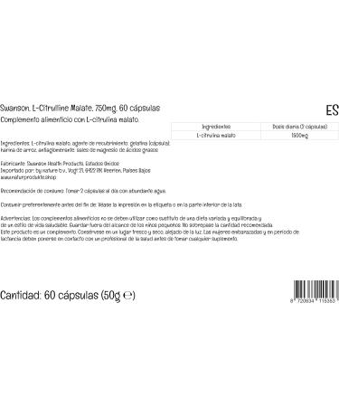 Swanson L-Citrulline Malate 750mg - High Strength, Lab Tested, 60 Capsules - Non-GMO, Soy Free, Gluten Free - Buy Online on GoSupps.com