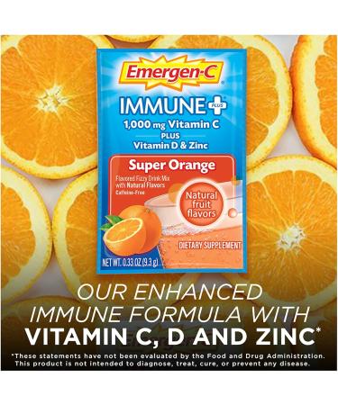 Emergen-C Immune+ 1000mg Vitamin C Powder with Vitamin D Zinc Antioxidants and Electrolytes for Immunity Immune Support Dietary Supplement Super Orange Flavor - 30 Count/1 Month Supply - Buy Online on GoSupps.com