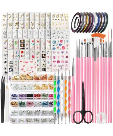 Nail Art Decorations & Brushes Set, FANDAMEI Nail Art Brushes, Dotting Tools, 54 Sheets Water Transfer Nail Art Stickers, Nail Striping Tape, Nail Foils, Rhinestones For Nails, with Tweezer & Scissors - Buy Online on GoSupps.com