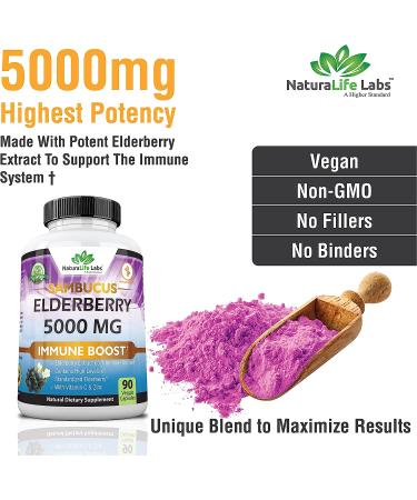 Sambucus Elderberry 5000mg Super Concentrated with Vitamin C & Zinc - Immune Support Supplement | 90 Veggie Capsules - Buy Online on GoSupps.com