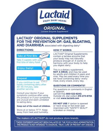 Lactaid Original Strength Lactose Intolerance Relief Caplets 120 ct - Natural Lactase Enzyme Dietary Supplement for Gas, Bloating & Diarrhea Prevention - Buy Online on GoSupps.com