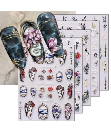 JMEOWIO 6 Sheets 3D Embossed Spring Flower Nail Art Stickers Decals Self-Adhesive 5D Colorful Summer Floral Nail Supplies Nail Art Design Decoration Accessories