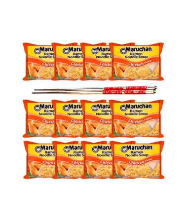 Ja Cor Instant Ramen Noodle Soup Chicken Flavor Noodles 3 oz. Bulk Pack Bundle with 1-Set of Reusable Stainless Steel Chopsticks(12 Individual Packs)