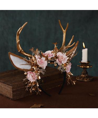 MOSTORY Handmade Gold Flower Antler Headband - Woodland Floral Reindeer Headpiece with Deer Ears Forest Fairy Hairband for Women Renaissance Halloween Cosplay Prom Photo Shoot Pink Rose - Buy Online on GoSupps.com