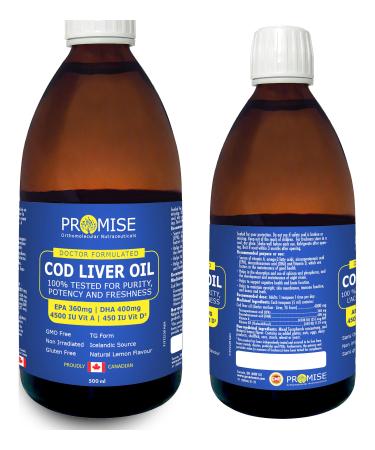 Promise Cod Liver Oil 100% Tested for Purity Potency and Freshness EPA 360mg | DHA 400mg 4500 IU Vit A | 450 IU Vit D3 Made in Canada (500ml) 500 ml (Pack of 1)