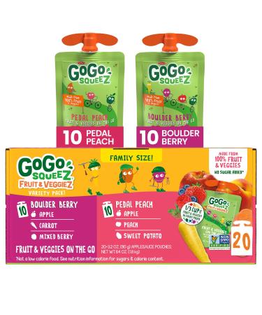 GoGo squeeZ fruit & veggieZ Kids Snacks Variety Pack, 3.2 oz. (20 Pouches) - Boulder Berry, Pedal Pedal Peach Flavors - Nut Free, Dairy Free, Gluten Free Snacks for Kids Boulder Berry & Pedal Pedal Peach