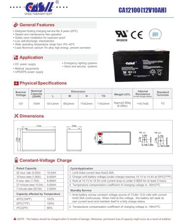 Casil 12V 10Ah Sealed Lead Acid Rechargeable Battery - SLA AGM with F2 Terminals for International Shipping - Buy Online on GoSupps.com