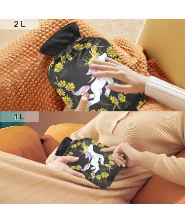 Hot Water Bottle 2L with Lid - Retro Flowers & Unicorn Design | Pain Relief Hand & Feet Warmer for Winter - Buy Online on GoSupps.com