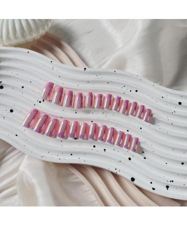 Coconut Pink Chrome Square Press On Nails - 24 PCS Metallic Fake Acrylic Nails | Short & Medium Coffin Style - High-Quality Glue-On Nail Art - Buy Online on GoSupps.com