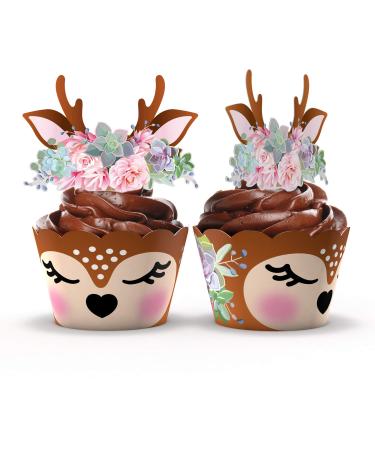 Woodland Baby Shower Cupcake Wrappers and Toppers - 24 Sets - Woodland Deer Birthday Party Decorations - Wild One Party Supplies (Woodland Deer)