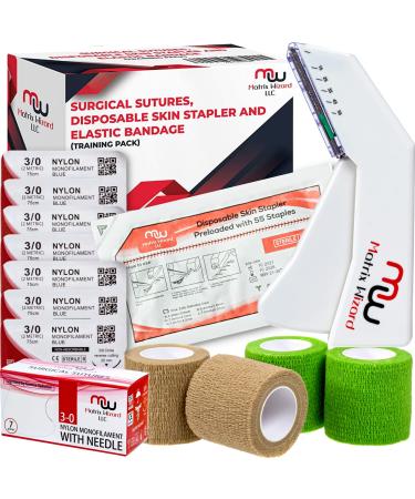 Sterile Suture Thread with Needle Disposable Skin Stapler Self Adhesive Bandage Wrap Tape (Combo Pk) - First Aid Demo Emergency Survival Drill Camping Preparedness MD Trauma Training