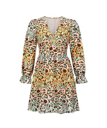 Ladies V-Neck Leopard Print A-Line Dress with Balloon Sleeves - XL Yellow - Buy Online on GoSupps.com