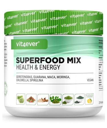 Combination of superfoods - 420 g powder (shake) with barley grass guarana maca chlorella spirulina moringa - 100% natural power smoothie - with lemon aroma - vegan