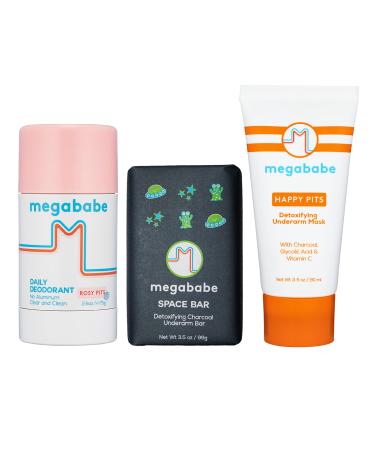 Megababe Ultimate Underarm 3-Piece Bundle - Rosy Pits Daily Deodorant 2.6 oz Space Bar Detox Soap 3.5 oz & Happy Pits Underarm Mask 3 fl oz | Odor Protection Aluminum Free