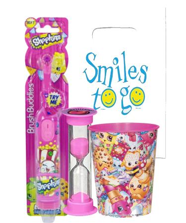 Shopkins Inspired 3pc Bright Smile Oral Hygiene Bundle! Turbo Spin Toothbrush Brushing Timer & Mouthwash Rise Cup! Plus Dental Gift Bag & Tooth Saver Necklace!