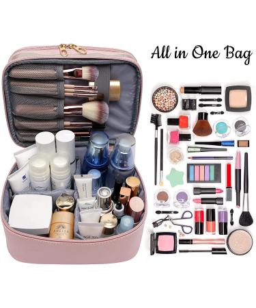 Leather Double Layer Makeup Organizer Bag - Large Travel Cosmetic Case for Women - Pink - Buy Online on GoSupps.com