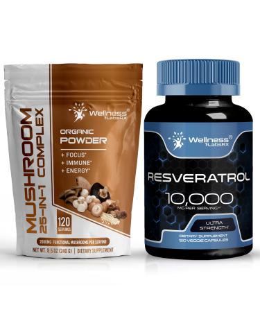 WELLNESS LABSRX Mushroom Powder 2000mg - Resveratrol 10 000mg Capsules