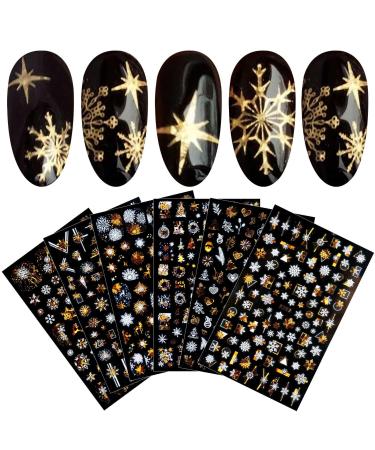 8 Sheets Christmas Nail Art Stickers Decals Self-Adhesive Gold White Winter Snowflakes Nail Supplies Nail Art Design Decoration Accessories