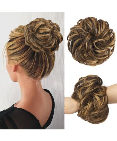 Fine hair part with rubber band large dutt hair part hair tubes lured Haardutt synthetic hair extension ponytail hair parts for women girls chocolate brown mix caramel blonde 55g chocolate brown highlighted caramel blonde 55 g