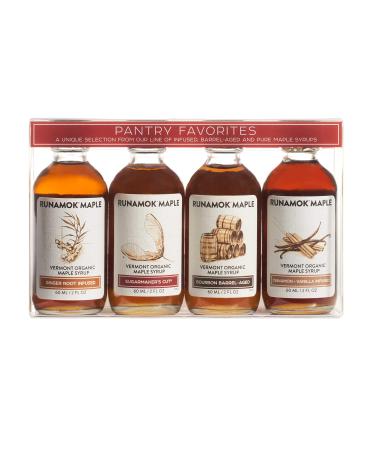 Runamok Organic Vermont Maple Syrup, Pantry Favorites Pairing Collection, 2 oz (4 count), 60mL, Traditional, Barrel-aged and Infused Organic Maple Syrup Varieties
