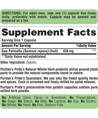 Puritan's Pride Saw Palmetto 450mg - 200 Count for Prostate & Urinary Health - Buy Online on GoSupps.com