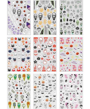 JMEOWIO 9 Sheets Halloween Nail Art Stickers Decals Self-Adhesive Colorful Flower Ghost Pumpkin Nail Supplies Nail Art Design Decoration Accessories - Buy Online on GoSupps.com