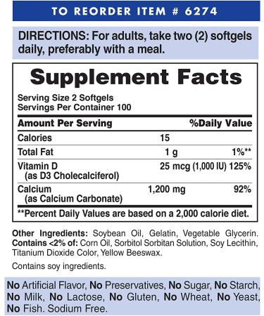 Puritan's Pride Calcium with Vitamin D3 Softgels 1200mg, 200 Count - Pack of 1 - Buy Online on GoSupps.com