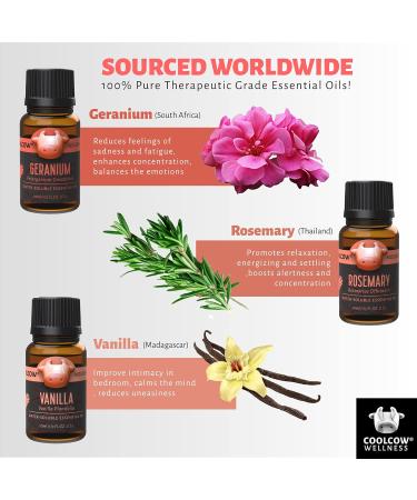 Coolcow Essential Oils Set for Diffusers - 100% Natural Aromatherapy Oils (6x10ml) - Geranium Rosemary Rose Cedar Cinnamon Vanilla - Perfect for Massage & Relaxation - Buy Online on GoSupps.com