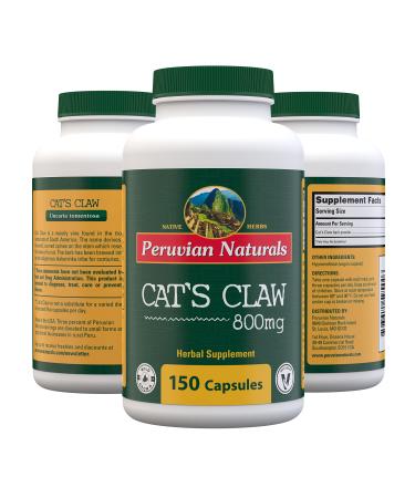 Peruvian Naturals Cats Claw Tablets - Pack of 150-800 mg Vegan, 100% Natural Herbal Supplement from Cat's Claw Grown in Peru - Anti-Inflammatory Cat Claw Bark for The Immune System and Joint Pain 150 Count (Pack of 1)