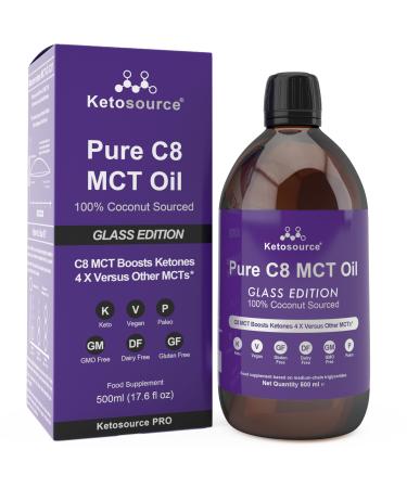Pure C8 MCT Oil | Glass Bottle | Boosts Ketones 4X Versus Other MCTs | Highest 99%+ Lab Tested Purity | 100% Coconut Sourced | Supports Keto & Fasting | Vegan | Bulletproof Coffee | 500ml Ketosource 500ml Glass