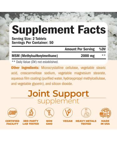 MSM 2000mg - Joint Support Supplement for Cartilage & Joint Health. Antioxidant Properties. Aids Inflammatory Response. Occasional Discomfort Relief - Back Knees Hands. Non-GMO. Vegan. 50 Day Supply - Buy Online on GoSupps.com