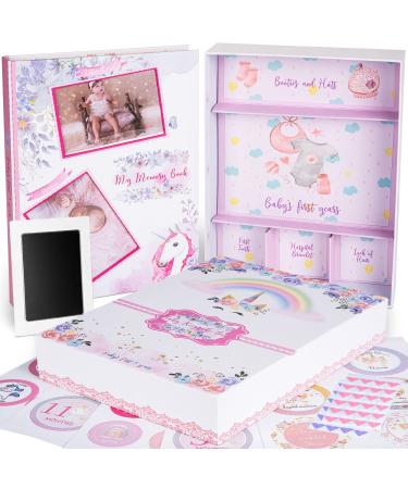 Kemella Kreations Baby Memory Book with Keepsake Box, 39 Baby Milestone Stickers, Photo Corners and Footprint Kit, Unicorn Design - Baby First Five Years, Baby Scrapbook, Baby Journal & Photo Album for Newborn to 5 Years, Baby Girl