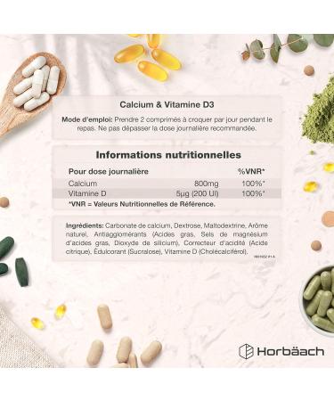 Calcium Vitamine D | 800 mg avec 200 UI de D3 | 120 comprim s M cher V ganes | Source de Calcium et de Vitamie D3 | di Horbaach - Buy Online on GoSupps.com