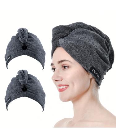 COGANA 2Pack Grey Microfiber Hair Towel, Hair Towel Wrap for Women, Hair Drying Towel with Button, Hair Wrap Towel for Curly Hair, Hair Turban for Wet Hair (Grey, 10Wx28L) Grey 10Wx28L