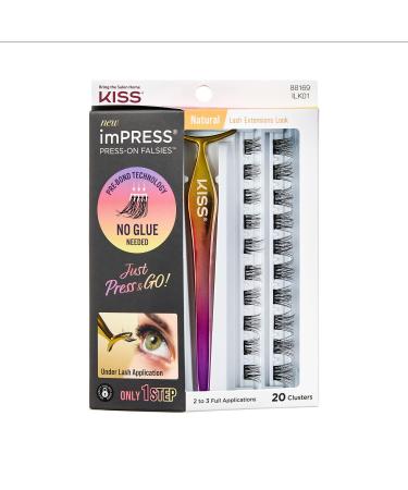 KISS imPRESS Press-On Falsies Eyelash Clusters Kit  Natural  Black  Fuss Free  Invisible Band  Natural  24 Hours  No Damage  No Sticky Residue  Gorgeous  Flawless  Quick & Easy | 20 Clusters