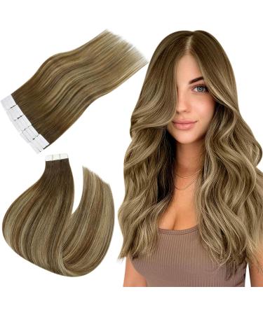 Easyouth Real Tape in Hair Extensions Human Hair Glue in Extensions Balayage Medium Brown to Honey Blonde Tape in Extensions Ombre Hair 16 Inch 40g 20Pcs 16 Inch #4/27/4