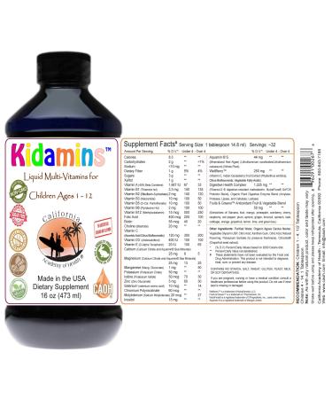 CALIFORNIA ACADEMY OF HEALTH Kidamins - Liquid Multi Vitamins for Children Age 1 Through 12 from CAOH (1-16 oz Bottle)