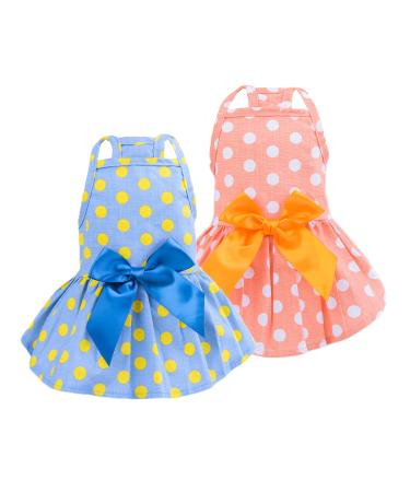 MSNFOASM 2pcs-Small Dog Dresses,Cute Polka Dots Dog Bow-knotSkirt for Small Dogs Cats(Blue&Orange,S) S/(Chest 14",Back 12") Blue&Orange