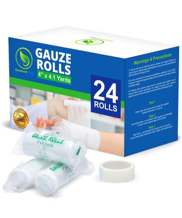 Sanitized Care Gauze Rolls Individually Wrapped Pack of 24, 4 Inches x 4.1 Yards, Premium Quality Conforming Bandages with Medical Tape
