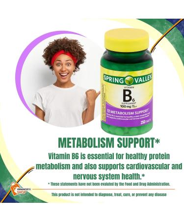 Spring Valley Vitamin B6 (Pyridoxine HCl) 100mg Tablets - 250 Veg Pills for Cardiovascular Health + Venancio's Fridge Sticker - Buy Online on GoSupps.com